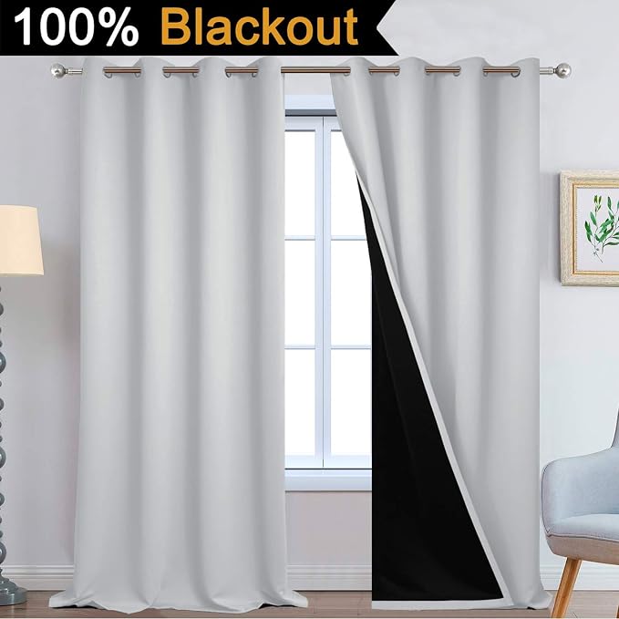 Yakamok Light Grey 100% Blackout Curtains 108 Inches Long 52" Wide 2 Panel | Blackout Curtain Panels for Bedroom, 2 Thick Layers Grommet Top Thermal Insulated Drapes with Black Liner for Living Room