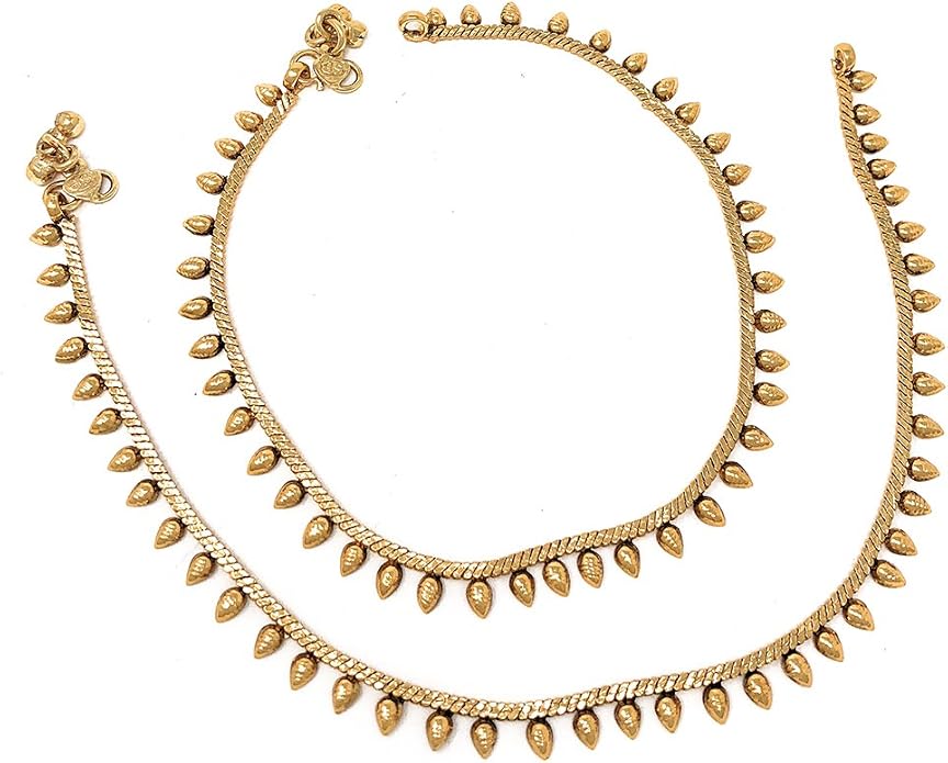 Duel On Jewel Gold Payal Set for Women, Indian Paayal Jhanjar Chain Anklets with Bell Detail, Foot Jewelry Pair, 10 Inch Comfort Fit, Traditional & Dainty Styles for Wedding Beach Everyday Gift