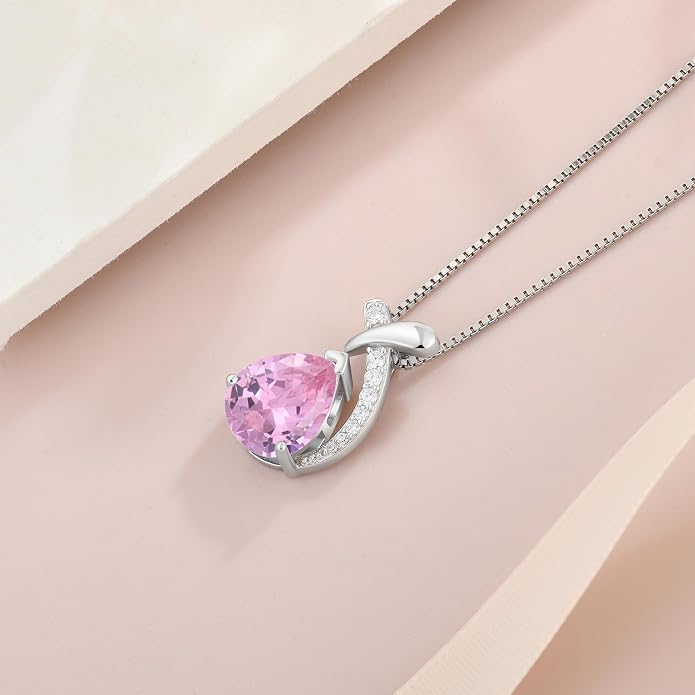 Teardrop Birthstone Necklace for Women,925 Sterling Silver Pear Cut Zircon Gemstone Pendant Necklace for Birthday Engagement Anniversary Wedding Jewelry