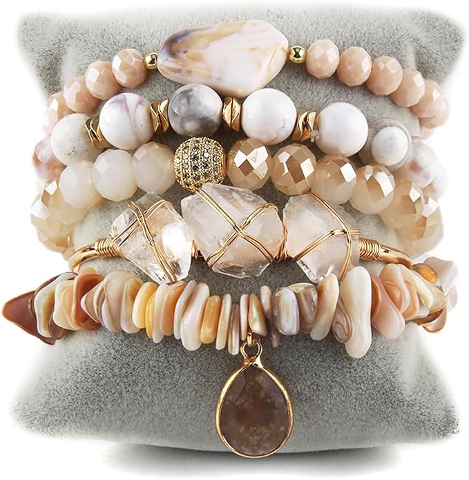 Yomisa 5PCS 6PCS Natural Boho Beaded Bracelets/Bangle for Women Men,Healing Turquoise Jasper Agate Crystal Gemstone Stone Chakra Multilayer Wrap Bohemian Handmade Jewelry Beads Stretch Bracelet Set