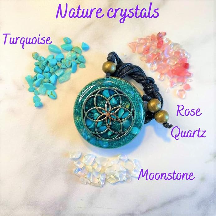 Arte Orgones Seed of Life Orgone Necklace for Women - Healing Crystals Stones with Turquoise, Moonstone, Rose Quartz - Protection SBB Coil Orgonite Pendant - Meditation, Yoga, Reiki - Handmade Design