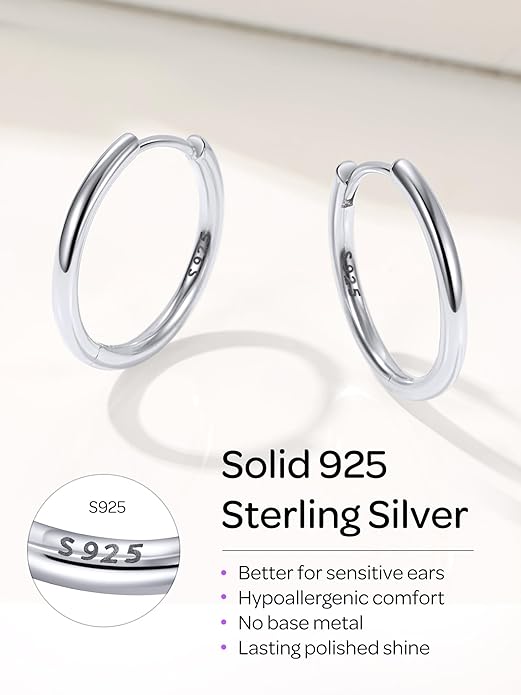 ChicSilver Sterling Silver Hoop Earrings for Women Hypoallergenic 925 Sterling Silver Huggie Earrings for Women Dainty Earring (8/10/12/14/16/18/20MM)