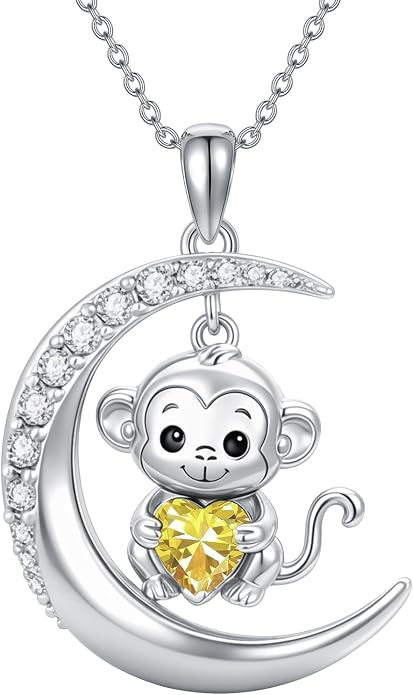 PROESS Animal Birthstone Necklace 925 Sterling Silver Otter/Axolotl/Hippo/Elephant/Dachshund/Monkey/Red Panda Pendant Necklace Animal Birthstone Jewelry Gifts for Women