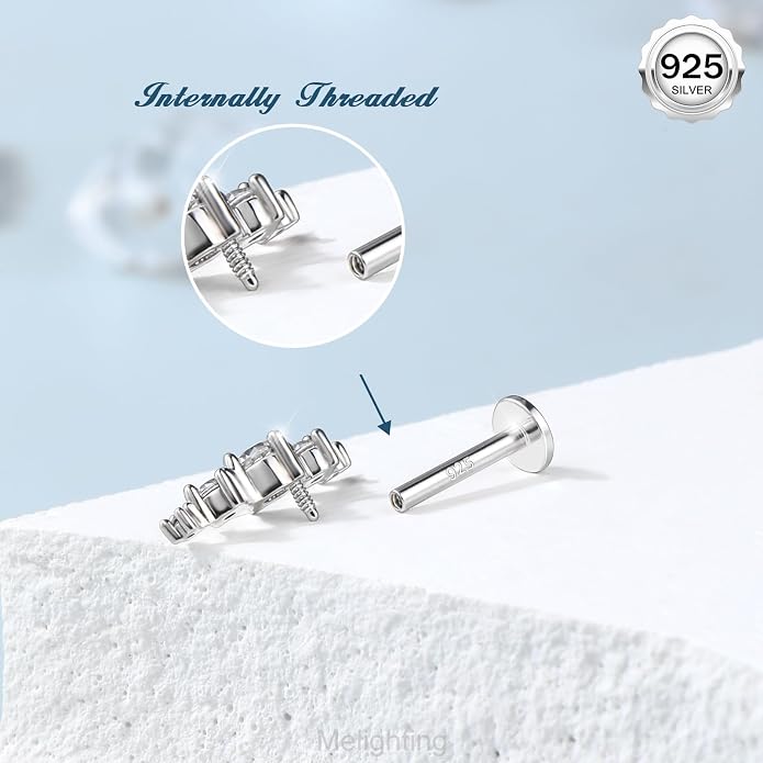 Melighting 16G Curved Helix Earring, Sterling Silver 925 Tragus Conch Stud Internally Threaded, Clear Marquise Round CZ Flat Back Lobe Labret Cartilage Piercing Jewelry for Women 6/8 mm