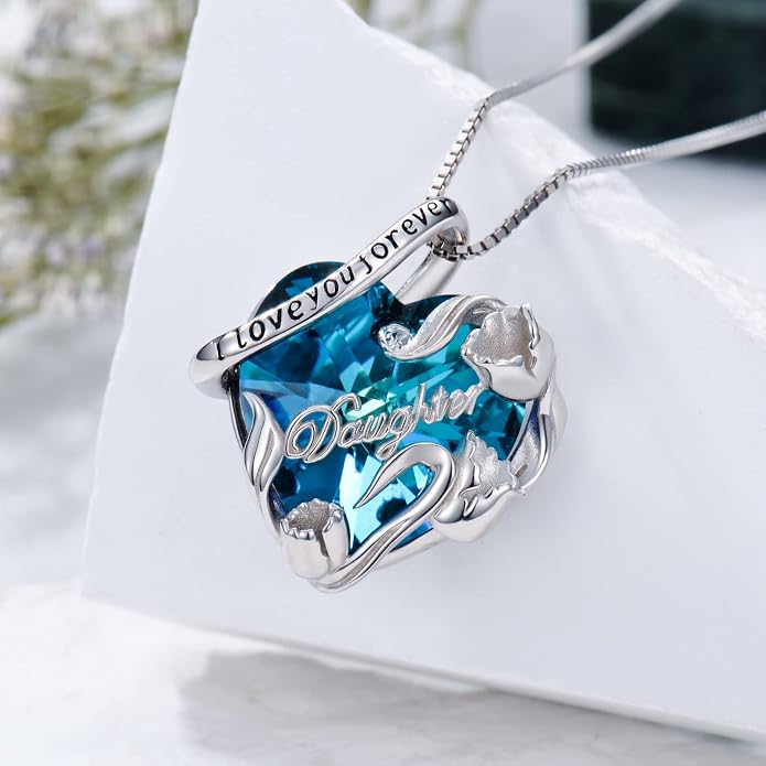 PROESS S925 Sterling Silver Daughter Heart Pendant Necklace from Dad Mom I Love You Forever Jewelry