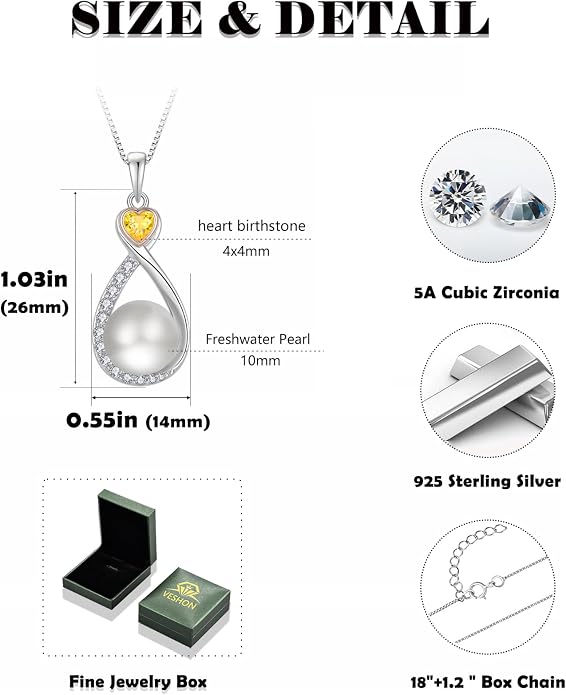 Heart Birthstone Pearl Pendant Necklace, 925 Sterling Silver Infinity Necklace with 10mm Freshwater Cultured Pearl & 4mm Gemstone Jewelry for Women