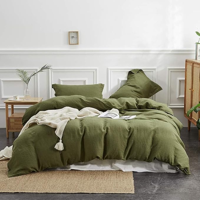 Simple&Opulence 100% Linen Duvet Cover Set, 3 PCS Olive Green Duvet Cover California King Size, Breathable Soft Comfy Linen Bedding Comforter Cover with 2 Pillowcases(Olive Green, 104"x98")