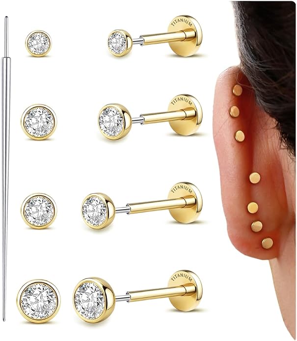GEMQUEEN 4 Pairs 16G/18G/20G G23 Titanium Implant Grade Nose Studs Threadless Flat Back Earrings Hypoallergenic Flatback 5A CZ Cartilage Helix Tragus Conch Tiny Lip Piercing Jewelry for Women Men