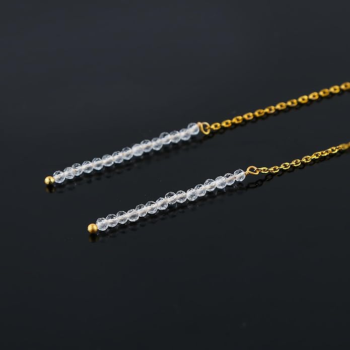 Natural Gemstone Threader Earrings for Women - Dainty 2mm Faceted Beads - Birthstone Crystal Drop Earrings - Silver Plated Healing Jewelry