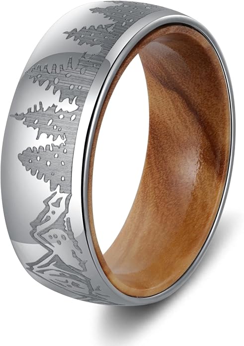 Forest Rings for Men 8 mm Black Plated Wedding Band with Wood Liner Comfort Fit