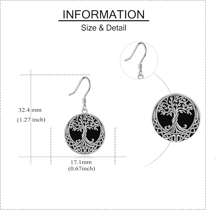 ONEFINITY Tree of Life Necklace/Earrings Sterling Silver Genuine Natural Black Onyx Jewelry Celtic Knot Family Tree Pendant Necklace for Women