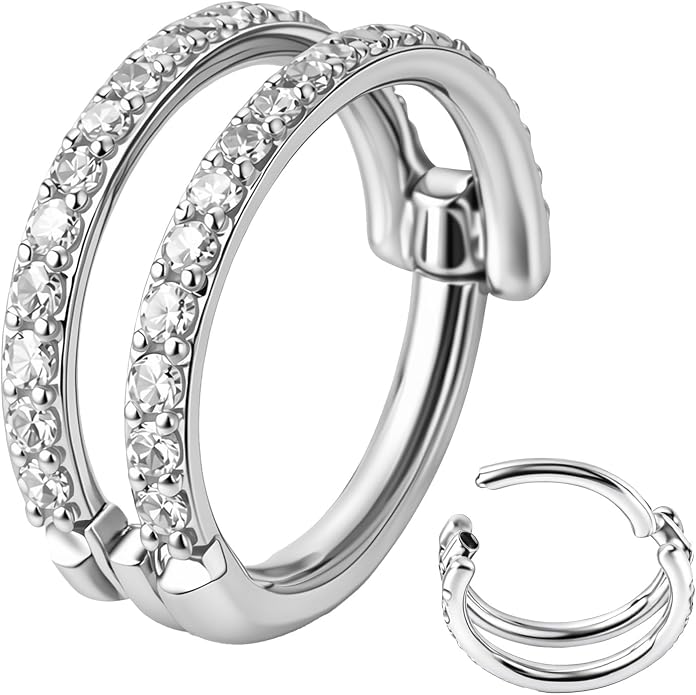 20/16G CZ Hinged Nose Rings Hoop, 316L Surgical Stainless Steel Cartilage Earring, Septum Clicker Ring, Daith Helix Rook Tragus Conch Lip Lobe Piercing Jewelry