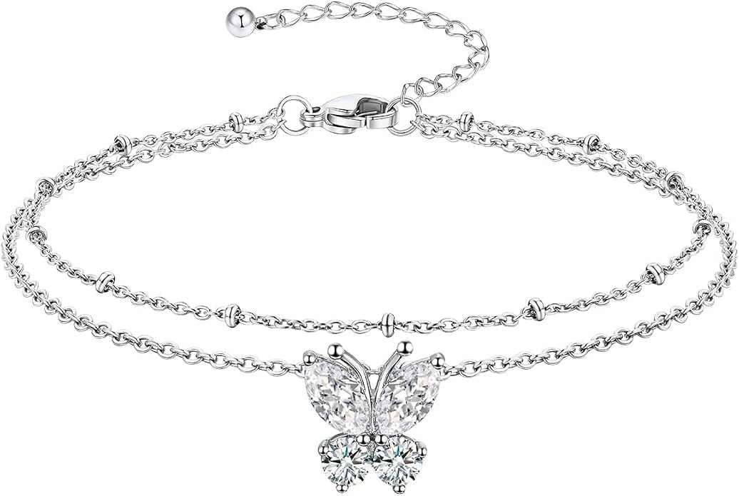 Richsteel Double Layer Heart/Butterfly Birthstone Anklet for Women Non Tarnish Waterproof, Silver/Gold/Black Stainless Steel 8.5-10.5 Inch Adjustable Chain Anklets Jewelry Gifts for Her