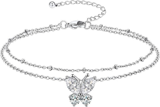 Richsteel Double Layer Heart/Butterfly Birthstone Anklet for Women Non Tarnish Waterproof, Silver/Gold/Black Stainless Steel 8.5-10.5 Inch Adjustable Chain Anklets Jewelry Gifts for Her