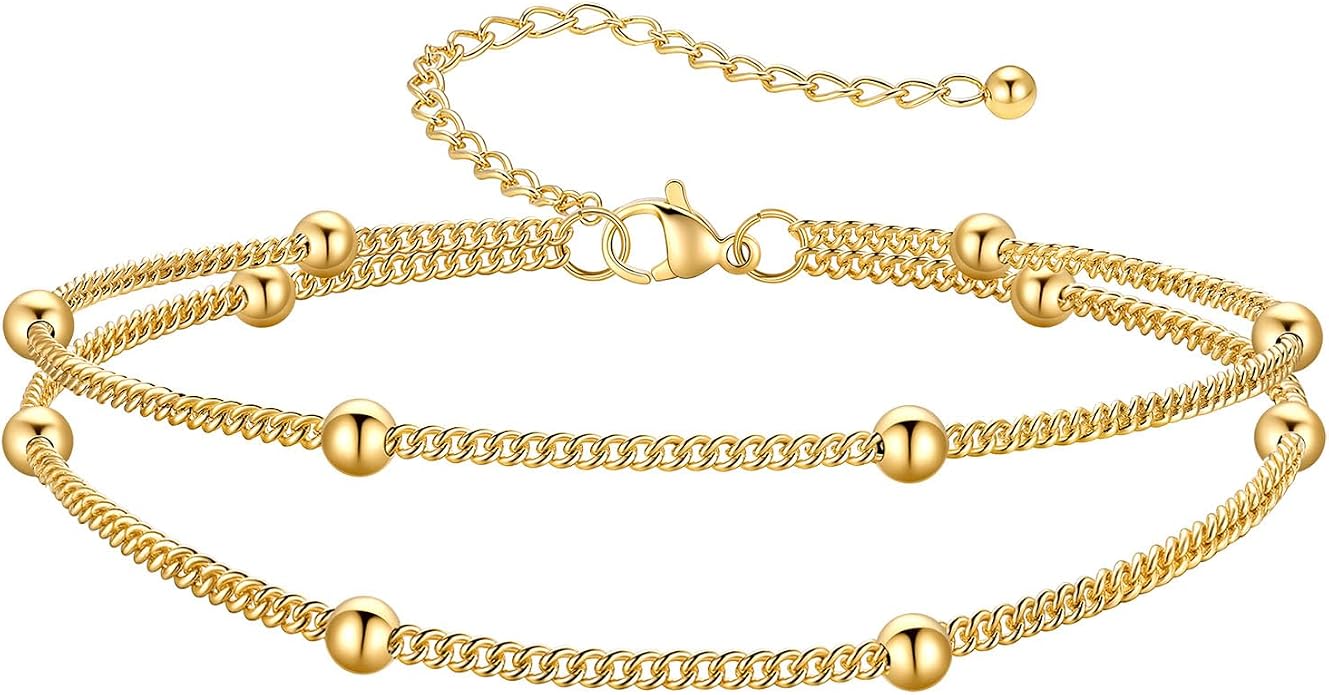 PROSTEEL Ankle Bracelets for Women Waterproof, Layered Stainless Steel Summer Beach anklets, Silver/Gold 8-10.5 Inch Adjustable, Come with Box