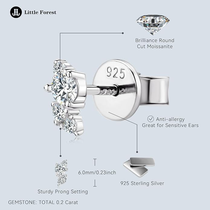 Moissanite Cartilage Earrings, 925 Sterling Silver Tiny Studs, Dainty Stylish Fashion Jewelry for Women Teen Mom, Hypoallergenic for Sensitive Ears, Gift Box Included