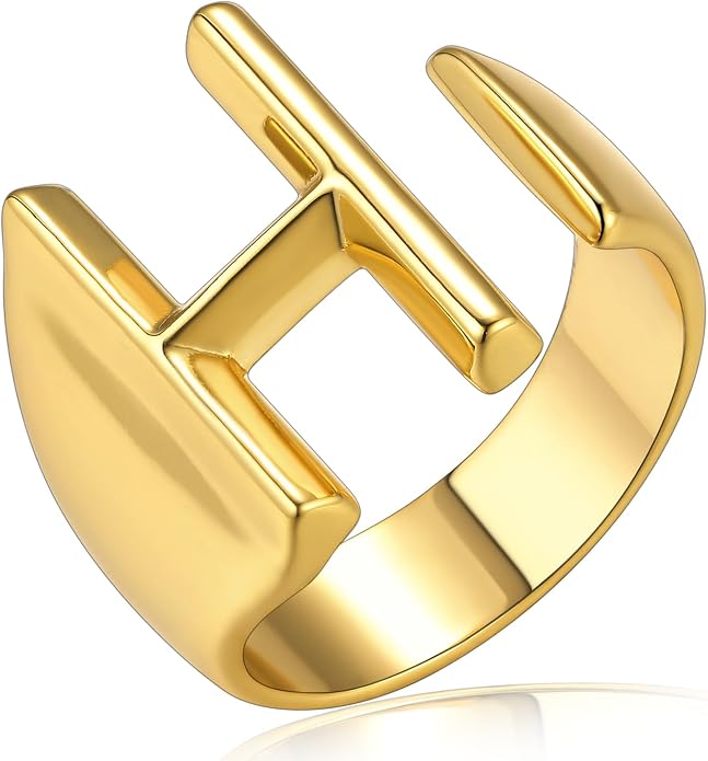 KeyStyle Bold Initial Letter Rings Adjustable, GoldChic Jewelry Women Gold Statement Ring Personalized Engraved Women’s Open Signet Ring for Party (Gold, White Gold, Black)