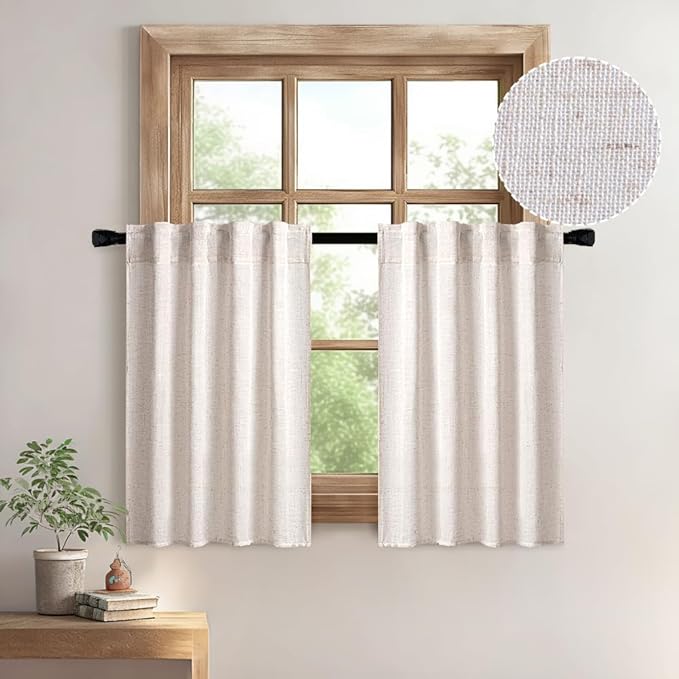 MIULEE Farmhouse Kitchen Curtains 24 Inch Length 2 Panels, Soft Thick Linen Textured Natural White Semi Sheer Light Filtering Short Cafe Tier Curtains for Small Half Window Back Tab Rod Pocket