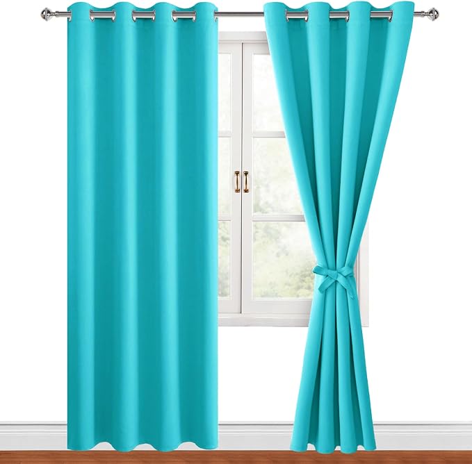 Hiasan Blackout Curtains for Bedroom, 52 x 84 Inches Long - Thermal Insulated & Light Blocking Window Curtains for Living Room, 2 Drape Panels Sewn with Tiebacks, Turquoise