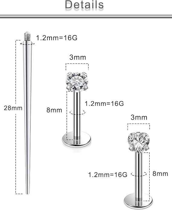 20G 18G 16G F316 Titanium Flat Back Nose Rings Studs Hypoallergenic Screw on Tragus Helix Cartilage Earrings Stud Piercing Jewerly for Women Men Bars 6mm