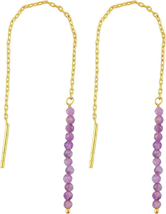 Natural Gemstone Threader Earrings for Women - Dainty 2mm Faceted Beads - Birthstone Crystal Drop Earrings - Silver Plated Healing Jewelry