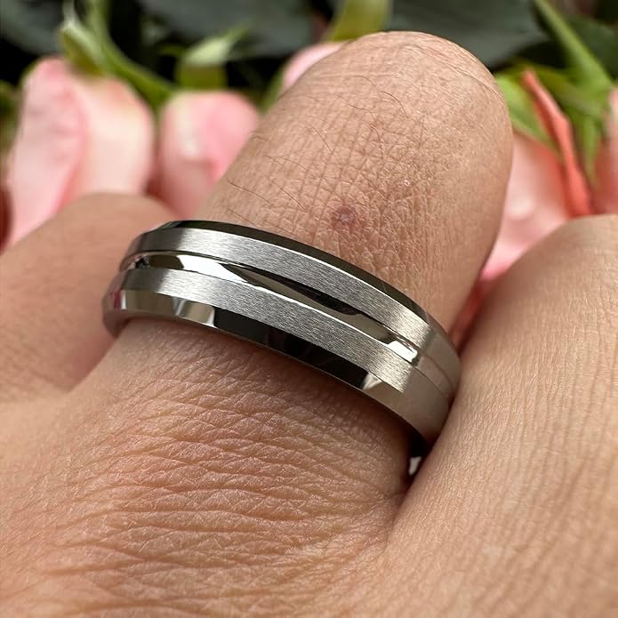 TUTISS 6mm 8mm Silver/Black/Blue/Gunmetal/Gold/Rose Gold Tungsten Rings for Men Women Fashion Engagement Wedding Bands Matte Finish Beveled Edges Comfort Fit