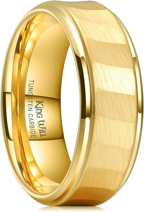 King Will Classic Tungsten Carbide Ring Brushed Two Grooved Center Hammered Design Mens Wedding Band for Men