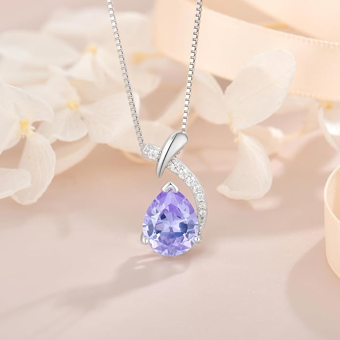 Teardrop Birthstone Necklace for Women,925 Sterling Silver Pear Cut Zircon Gemstone Pendant Necklace for Birthday Engagement Anniversary Wedding Jewelry