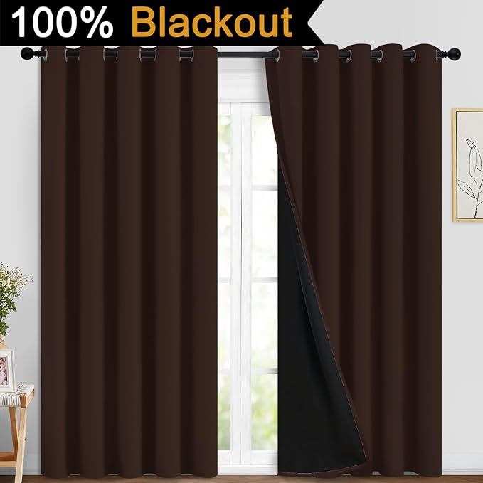 Yakamok Chocolate Brown Blackout Curtains 84 Inches Long 70" Wide, 2 Panels | Blackout Curtain Panels for Bedroom, 2 Thick Layers Grommet Top Thermal Insulated Drapes with Black Liner for Living Room