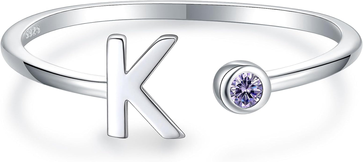 925 Sterling Silver Initial Letter Birthstone Rings for Women Adjustable 1-12 Month Birthstone Alphabet Stacking Ring for Teens Girls Stackable Birthstone Rings Birthday Jewelry Gift for Daughter Mom