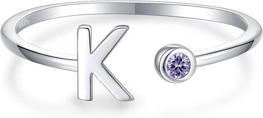 925 Sterling Silver Initial Letter Birthstone Rings for Women Adjustable 1-12 Month Birthstone Alphabet Stacking Ring for Teens Girls Stackable Birthstone Rings Birthday Jewelry Gift for Daughter Mom