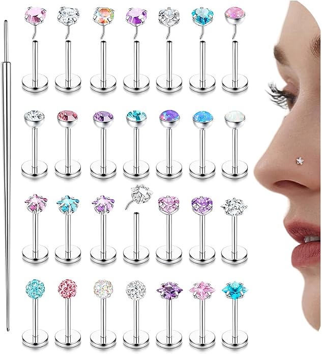 Nose Rings Studs Flat Back Earrings Hypoallergenic - Threadless Surgical Steel Nose Ring Studs Cartilage Earring Monroe Nostril Labret Medusa Tragus Conch Helix Piercing Jewelry for Women Men 28Pcs