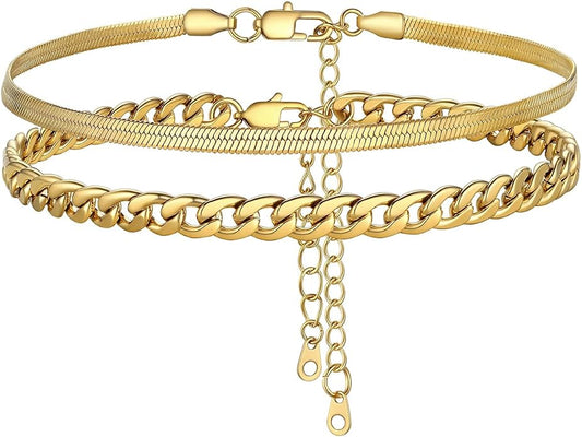 FOCALOOK Anklet Bracelets Set for Women, 14K Gold Plated Waterproof Cuban Link Chain Layered Anklets Set for Plus Size Ankle 8-10.5 Inch Adjustable Summer Beach Jewelry Gift
