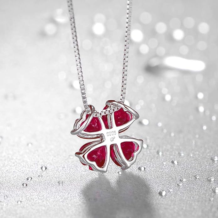 JIANGXIN Colorful Birthstone 925 Sterling Silver Handmade Pendant Necklace for Women Lucky Four Leaf Clover Plant Shamrock Jewelry Rhodium Plated
