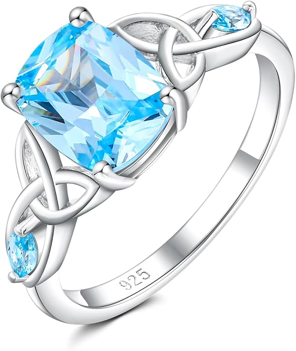 925 Sterling Silver Birthstone Rings for Women Cushion Cut Engagement Celtic Knot Ring Irish Jewelry Created Gemstone Anniversary Rings Size 6-10(with Box)