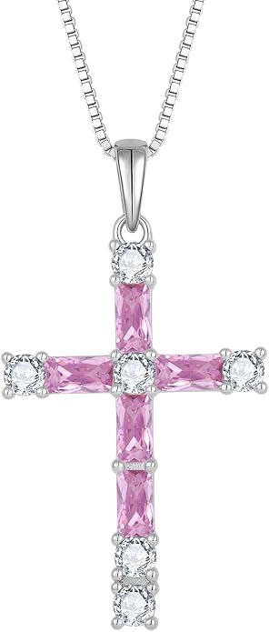 Birthstone Cross Necklace for Women 925 Sterling Silver Christian Religious Crucifix Pendant Rectangular Cut Birthstone Jewelry Gifts for Her