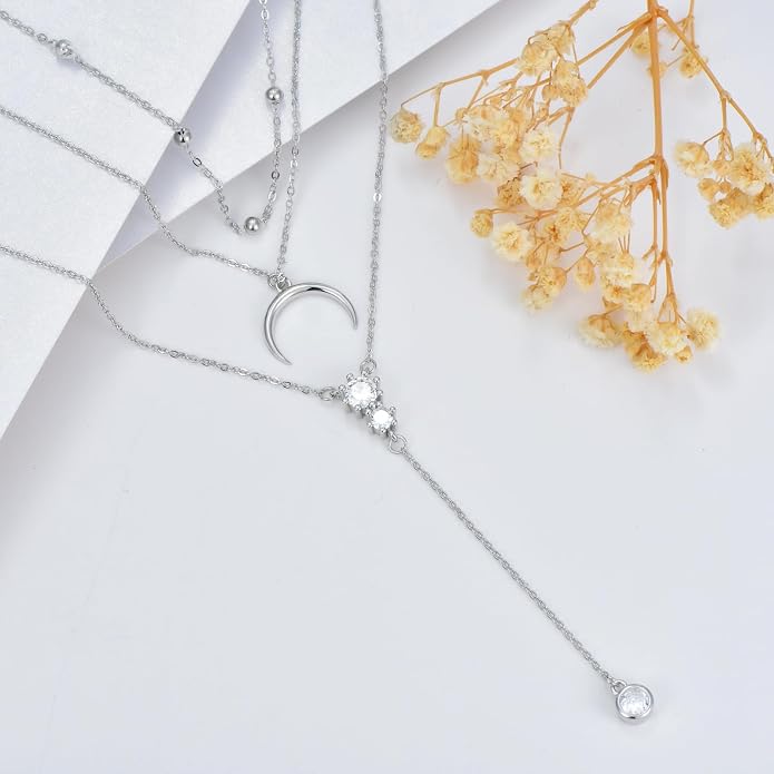 MONGAS Boho Layered Necklace Sterling Silver Triple 3 Stacked Vertical Bar Triangle Long Layering Necklaces Christmas Jewelry Gifts for Women