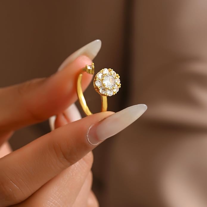 NONAMOIS Gold Rings for Women Evil Eye Flower Open Anti Anxiety Spinner Ring Adjustable Fidget Rings Jewelry Christmas Gifts