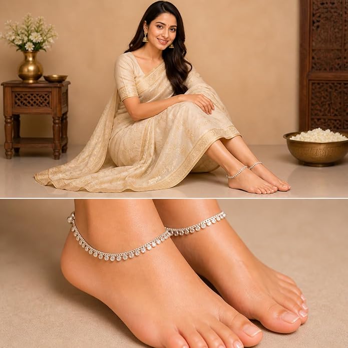 Jewar Anklet Payal Indian Traditional CZ Ad Plain Simple Handmade Natural Gold Plated Jewelry