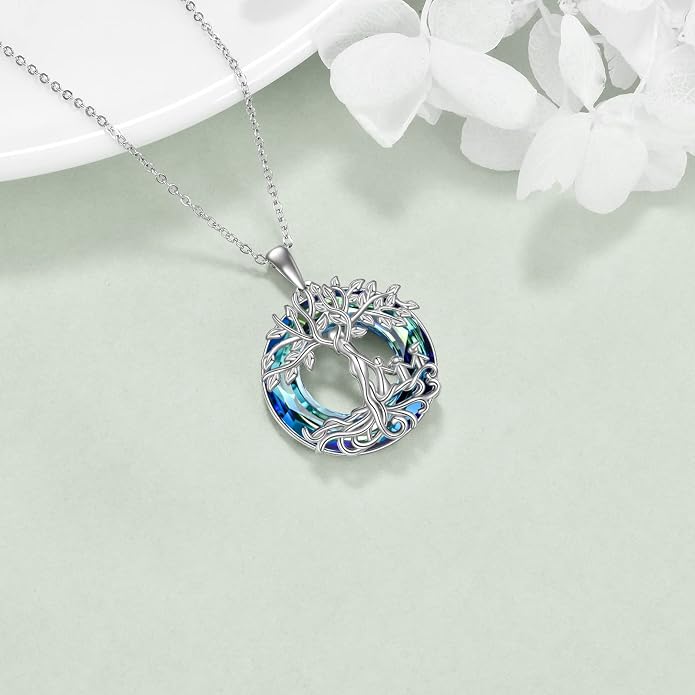 ONEFINITY Tree of Life Necklace for Women Sterling Silver Abalone Shell Crystal Tree of Life Pendant Necklace Family Tree Jewelry for Mom Daughter Sister Girls Christmas Gifts