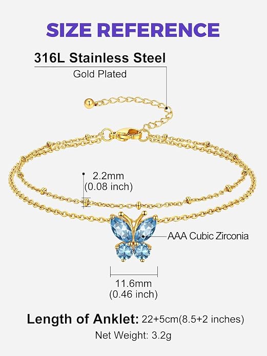Richsteel Double Layer Heart/Butterfly Birthstone Anklet for Women Non Tarnish Waterproof, Silver/Gold/Black Stainless Steel 8.5-10.5 Inch Adjustable Chain Anklets Jewelry Gifts for Her