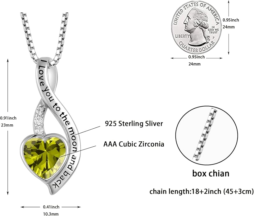 I Love You to The Moon and Back Necklace for Women, 925 Sterling Silver Heart Birthstone Pendant Necklace Jewelry Anniversary Birthday Gifts for Girls Women Wife Mom Daughter