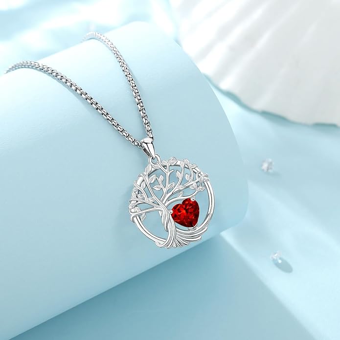 Birthstone Tree of Life Necklace for Women Heart Crystal Pendant Silver Plated Birthday Anniversary Jewelry for Wife, Mom, and Her