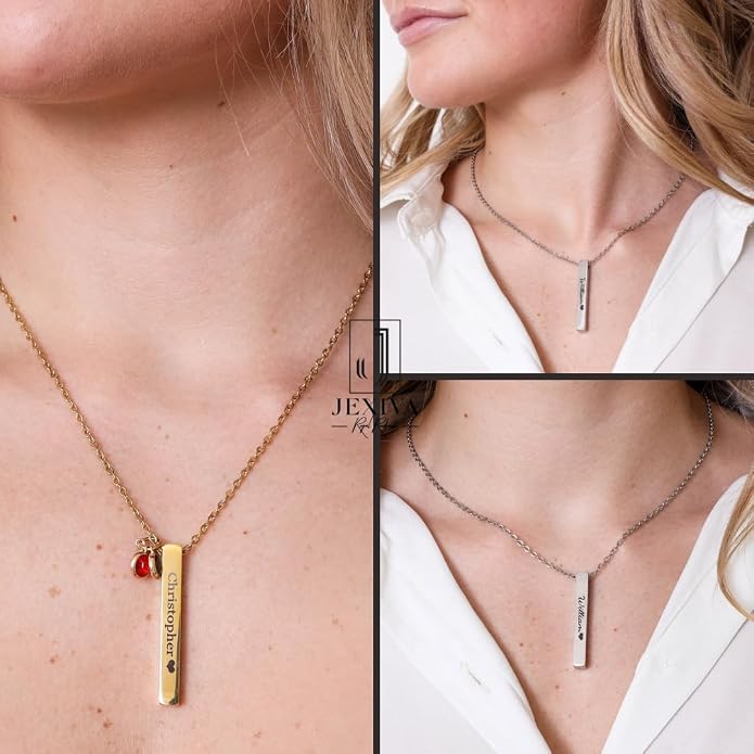 Custom Engraved 3D Vertical Pillar Bar Necklace – Personalized Name Pendant – 1 to 4 Sides – Non-Tarnish Stainless Steel – Gold/Silver – Adjustable Chain – Gift for Her, Mom/Dad With Kids Names