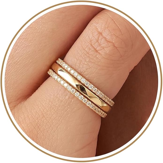 Purplepig Stackable Rings for Women Non Tarnish, Two Tone Mixed Metal Dainty Eternity Band Set, 14K Gold & Sterling Silver Plated Cubic Zirconia Hypoallergenic Wedding Thumb Pinky Rings Size 4-11
