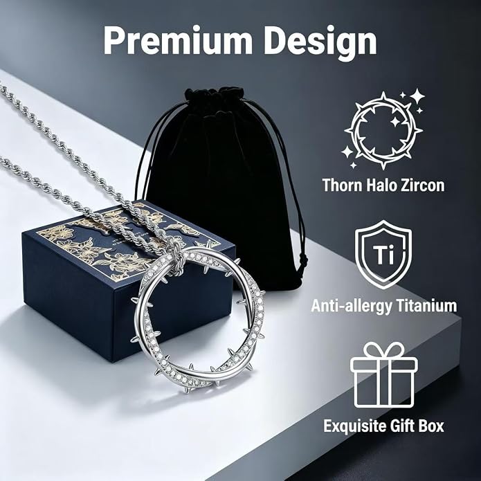 Men's Thorn Crown Necklace, 18K Gold & 925 Silver Plated Brass, 5A CZ Pendant, 24" Rope Chain, Retro Hip Hop Street Jewelry, Unisex Gift for Women