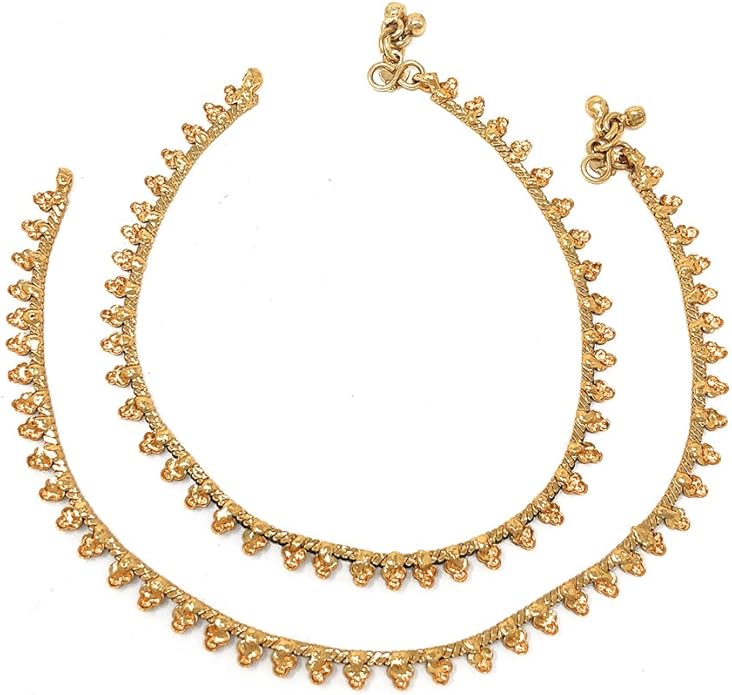 Duel On Jewel Gold Payal Set for Women, Indian Paayal Jhanjar Chain Anklets with Bell Detail, Foot Jewelry Pair, 10 Inch Comfort Fit, Traditional & Dainty Styles for Wedding Beach Everyday Gift