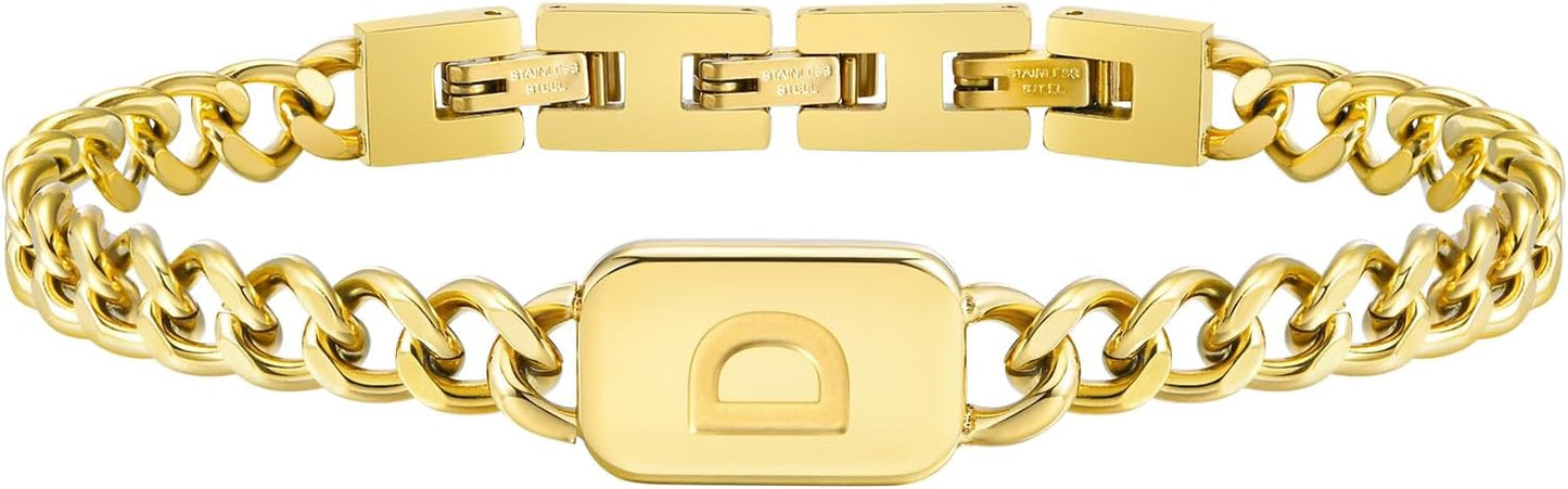 VNOX Initial Bracelet for Men Boys - Simple Mens A-Z Letter Cuban Link Chain Bracelets, Adjustable Solid Stainless Steel Jewelry Gifts for Men Dad Boyfriend