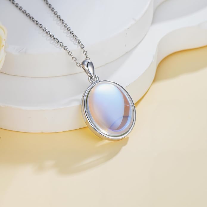 925 Sterling Silver Oval Moonstone/Turquoise Pendant Necklace, Dainty Necklace Jewelry Gifts for Women, with 18+2inch Chain