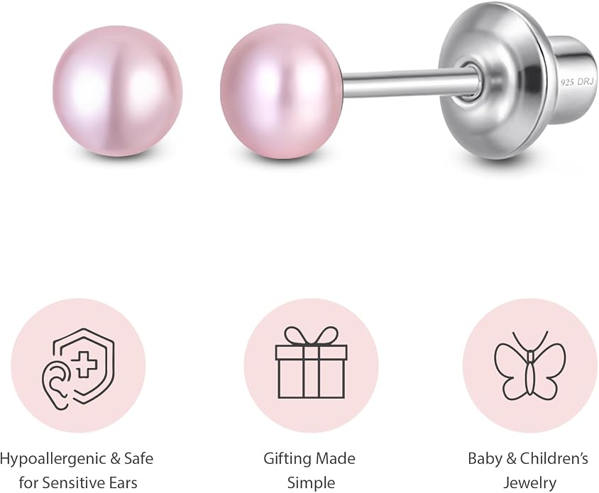 Pearl Screw Back Stud Earrings for Baby, Toddler, Girls | Hypoallergenic 925 Sterling Silver Screwback Safety Earrings | Simulated Pearl Studs for Sensitive Ears | Keepsake Gift for Birthdays Holidays Special Occasions